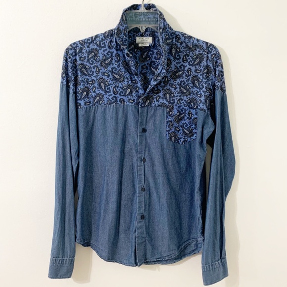 Zara Man Denim Couture Button Front Slim Fit Paisley Denim Shirt Pointed Collar - Picture 3 of 8